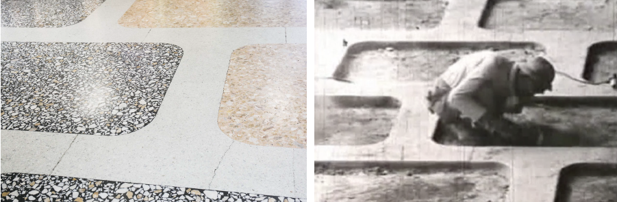 写真左：現在も輝きを失わないテラゾー仕上げの床。©MAGCUL 写真右：職人が手作業でテラゾーを仕上げている様子。©大成建築株式会社横浜支店