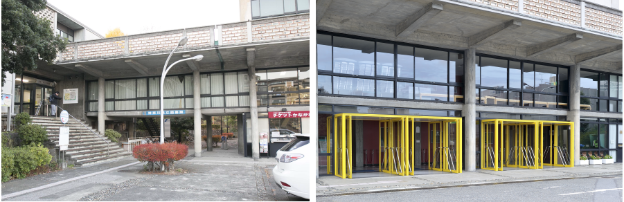 写真左：図書館と音楽堂をつなぐ廊下 ©MAGCUL 写真右：ピロティを利用した正面玄関 ©青柳聡