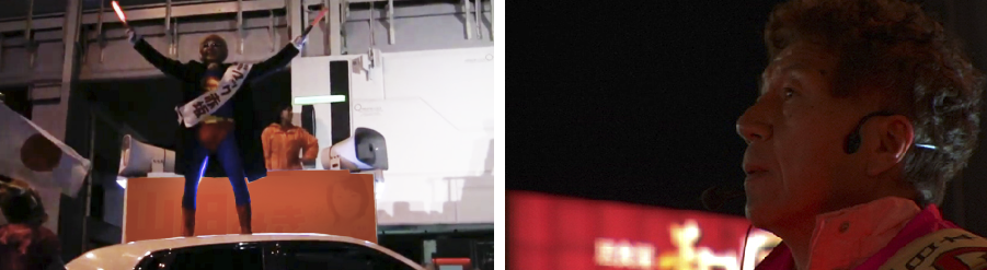 Image from left: A scene in Akihabara/Mr. Mac looks at the crowd with a sense of defeat in Namba, Osaka