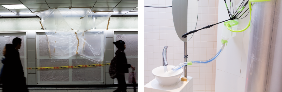 Photo left ｜ From 《Moremore Tokyo》 Photo right ｜ 《Moremore Tokyo-Practice of Moremore made with kitchen and toilet-》 / Venue: Asahi Art Square / Photo: Hideto Maezawa