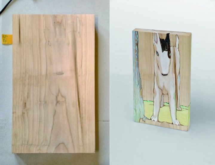 何気ない木板や木端にカタチを見出す「何に見える？」遊びの様な発想からの日本画作品を展示。