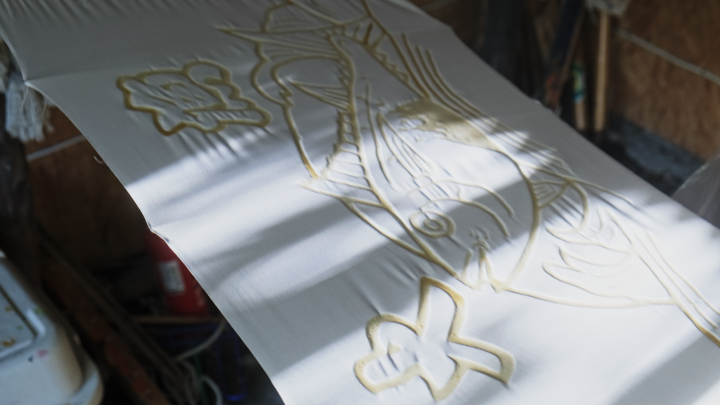 A tairyo-bata fishing flag waiting to be dyed